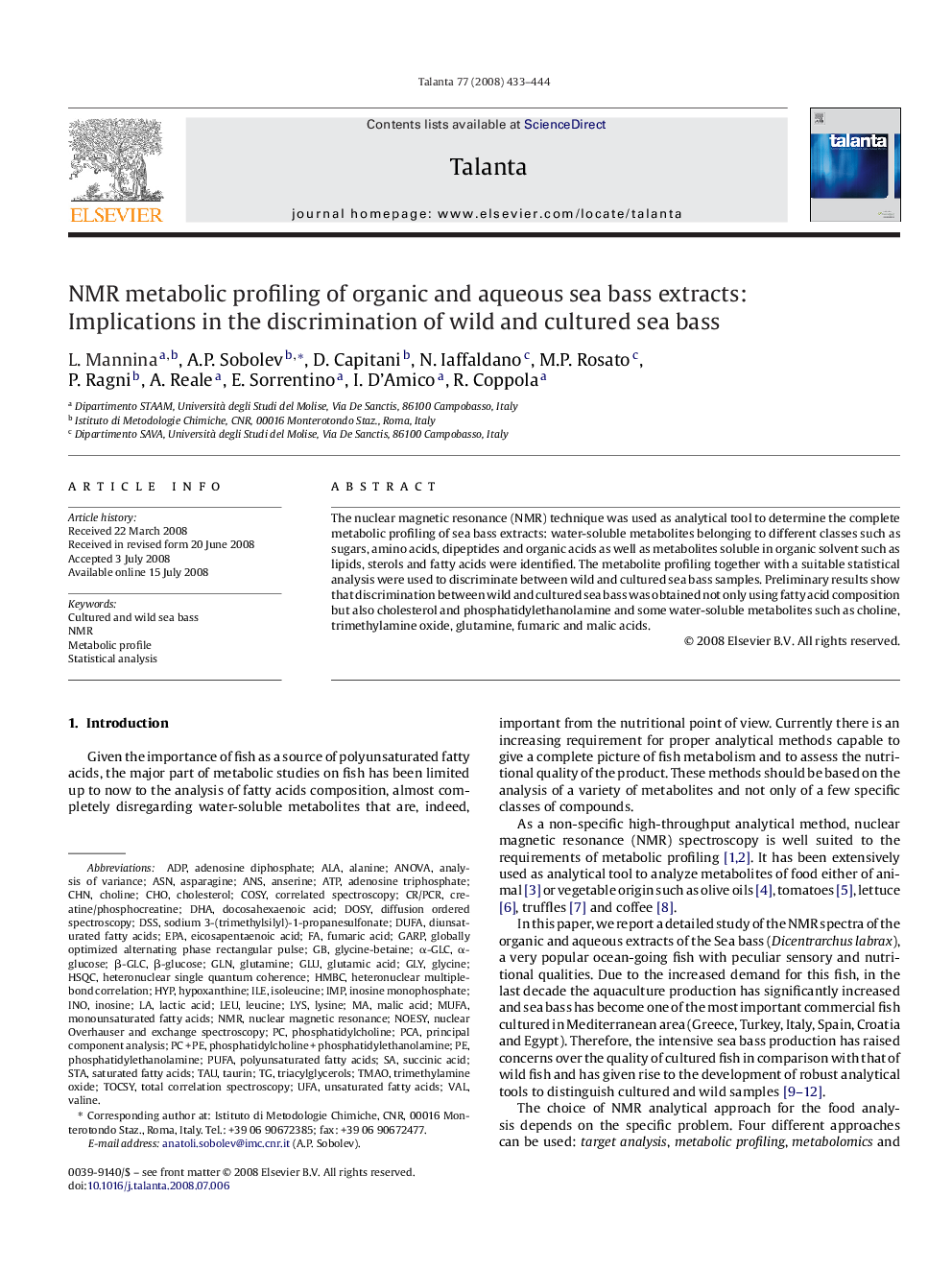 NMR metabolic profiling of organic and aqueous sea bass extracts: Implications in the discrimination of wild and cultured sea bass