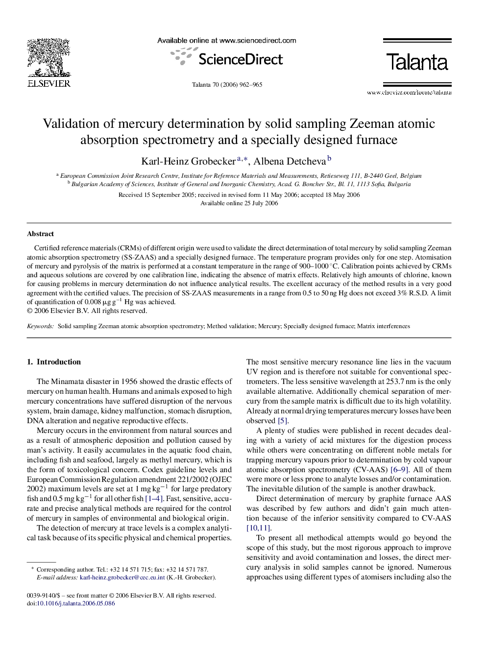 Validation of mercury determination by solid sampling Zeeman atomic absorption spectrometry and a specially designed furnace