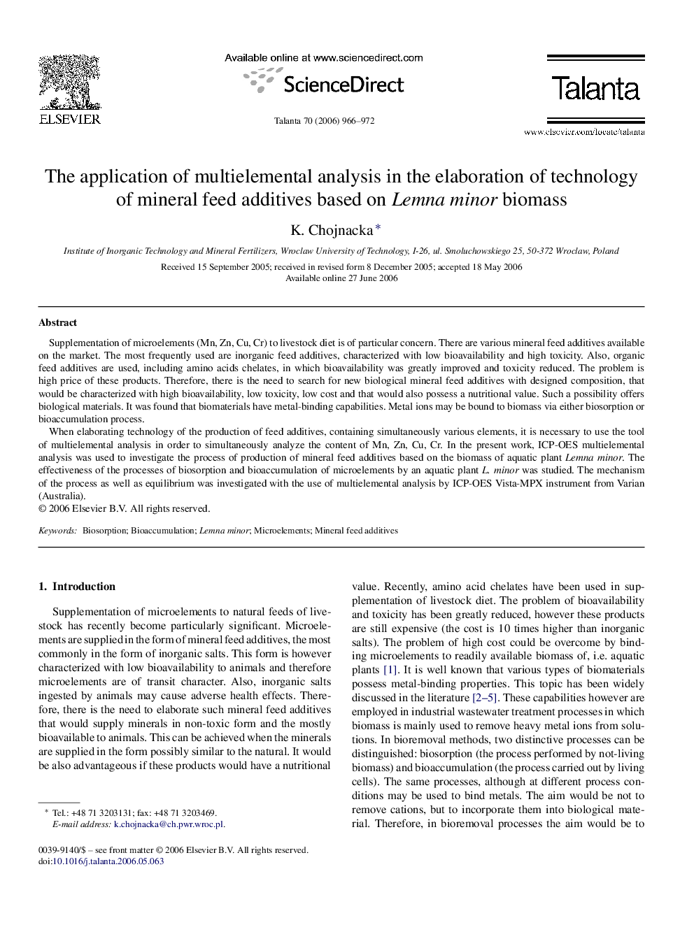 The application of multielemental analysis in the elaboration of technology of mineral feed additives based on Lemna minor biomass