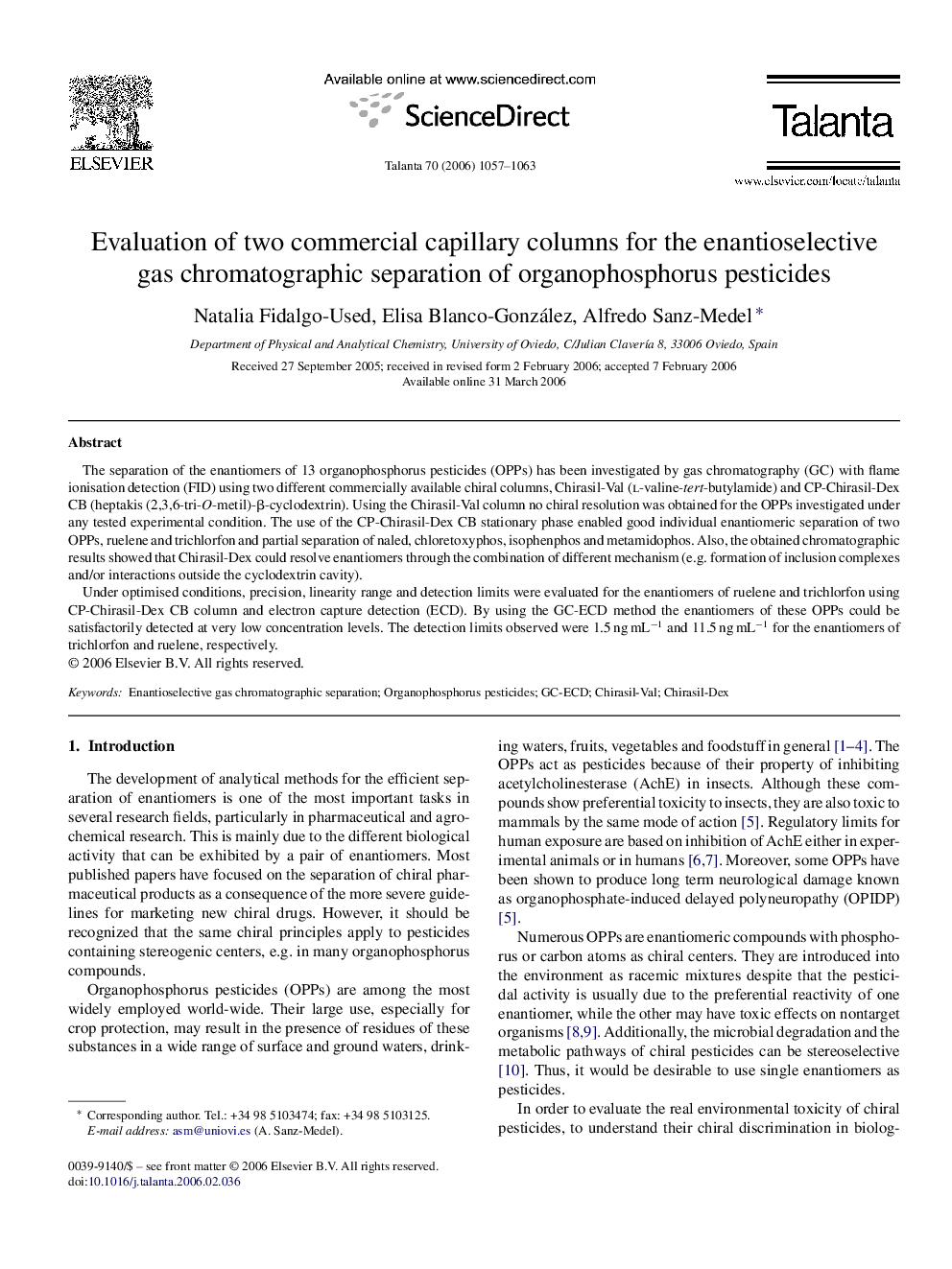 Evaluation of two commercial capillary columns for the enantioselective gas chromatographic separation of organophosphorus pesticides