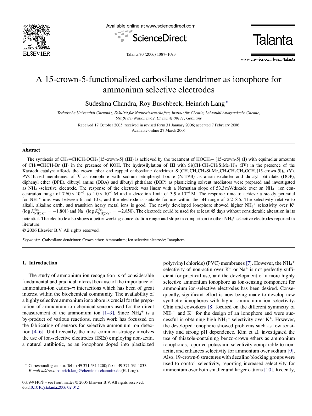 A 15-crown-5-functionalized carbosilane dendrimer as ionophore for ammonium selective electrodes