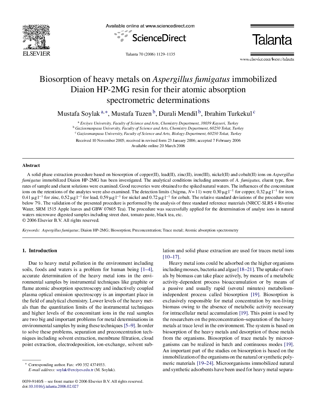 Biosorption of heavy metals on Aspergillus fumigatus immobilized Diaion HP-2MG resin for their atomic absorption spectrometric determinations