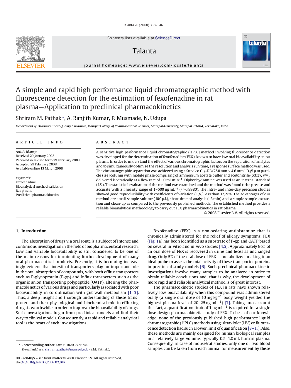 A simple and rapid high performance liquid chromatographic method with fluorescence detection for the estimation of fexofenadine in rat plasma—Application to preclinical pharmacokinetics