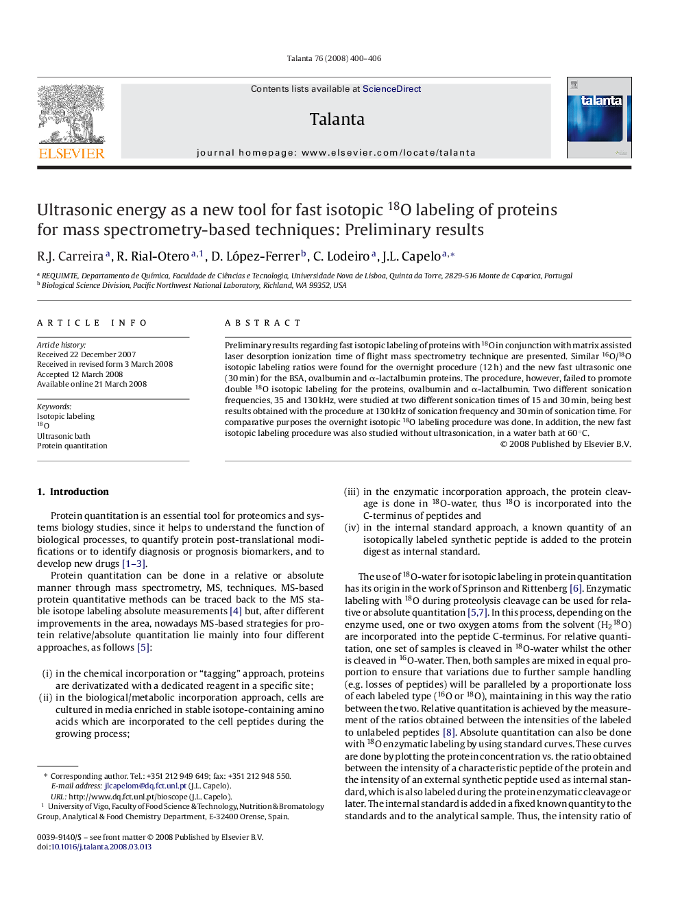 Ultrasonic energy as a new tool for fast isotopic 18O labeling of proteins for mass spectrometry-based techniques: Preliminary results