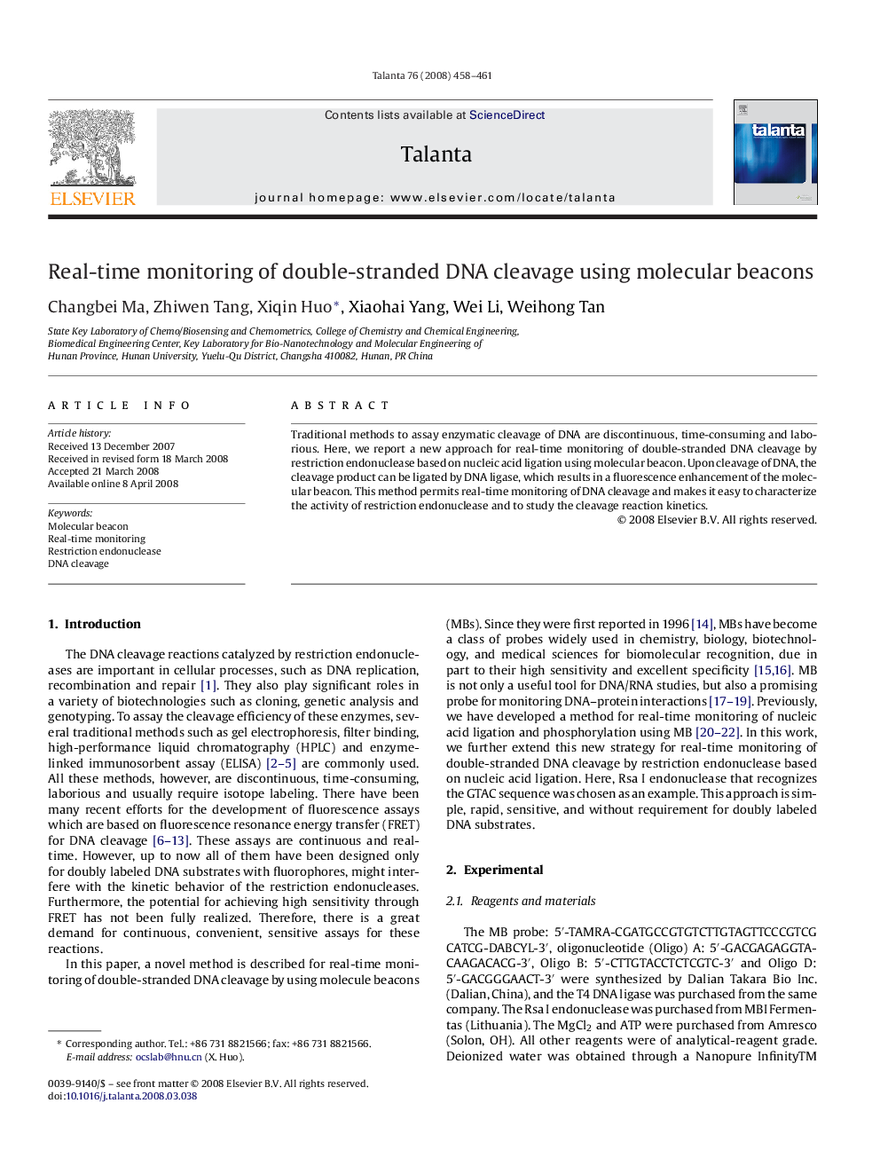 Real-time monitoring of double-stranded DNA cleavage using molecular beacons