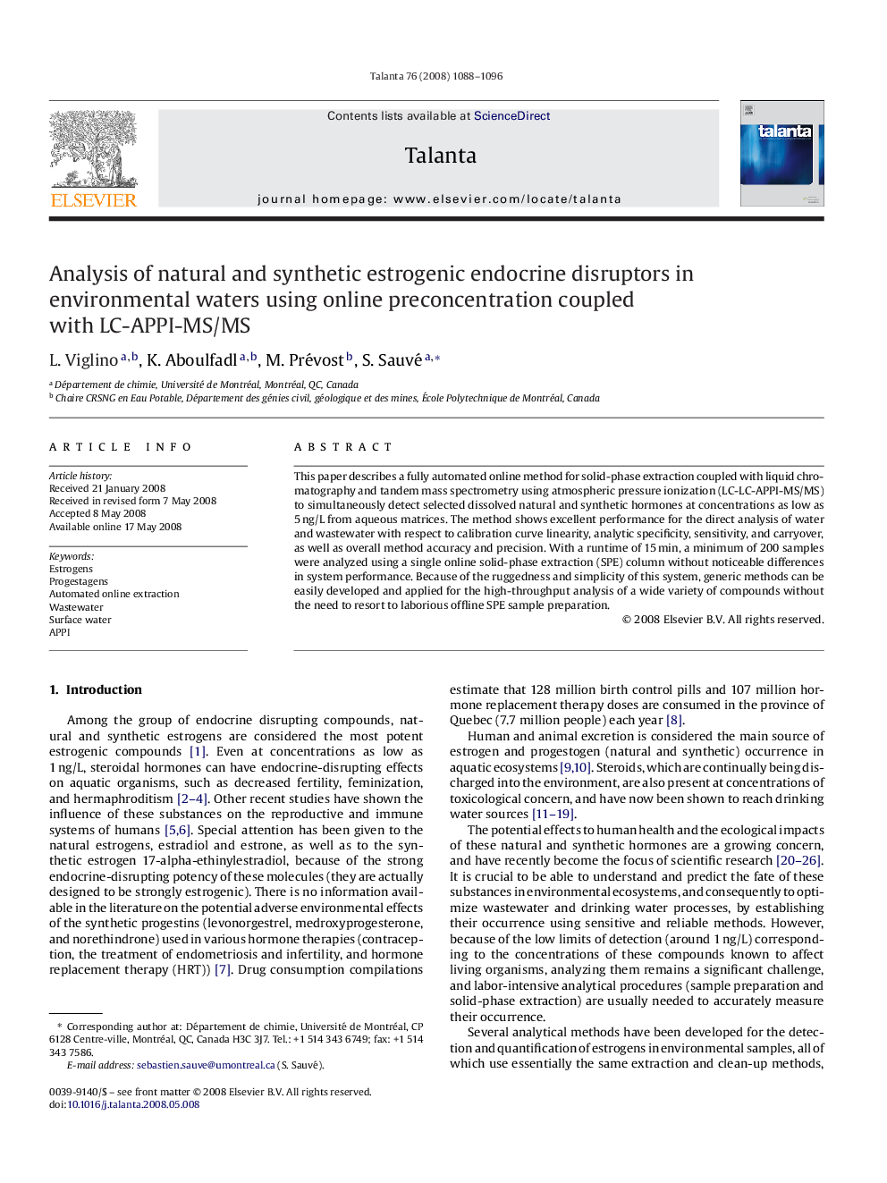 Analysis of natural and synthetic estrogenic endocrine disruptors in environmental waters using online preconcentration coupled with LC-APPI-MS/MS