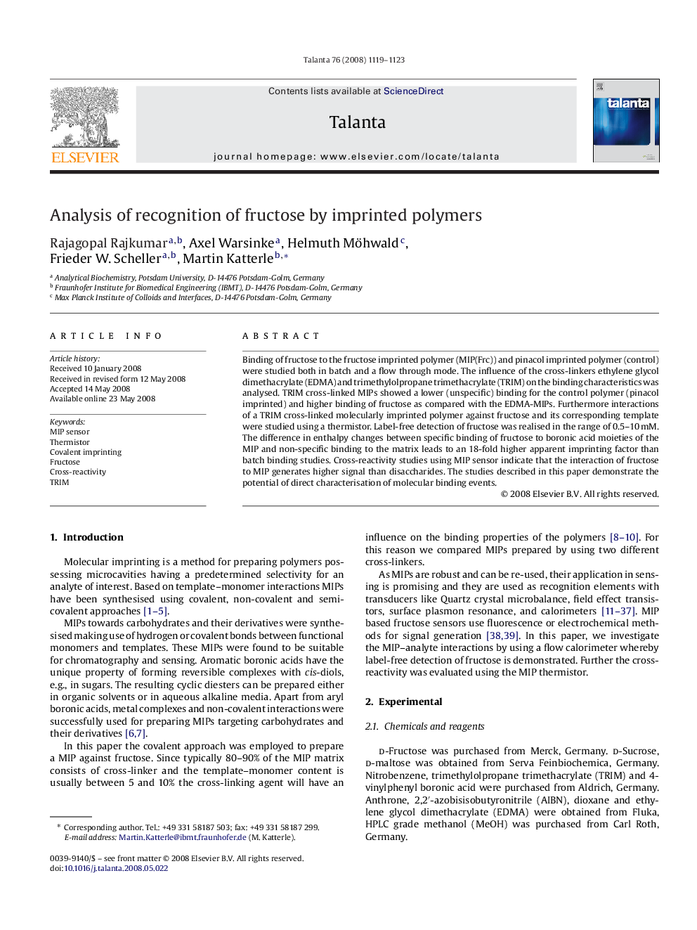 Analysis of recognition of fructose by imprinted polymers