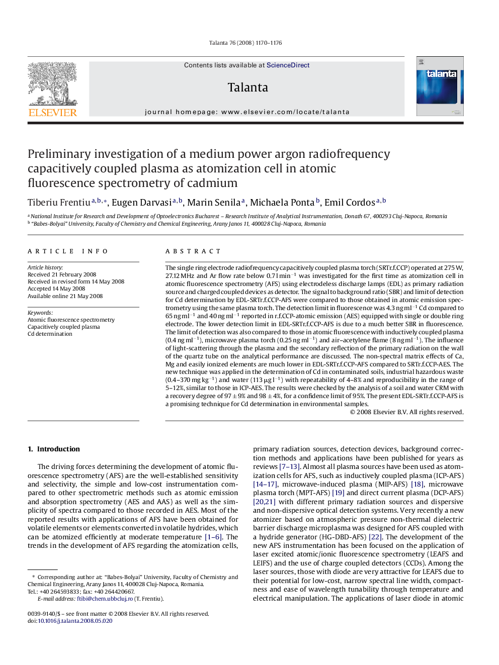 Preliminary investigation of a medium power argon radiofrequency capacitively coupled plasma as atomization cell in atomic fluorescence spectrometry of cadmium