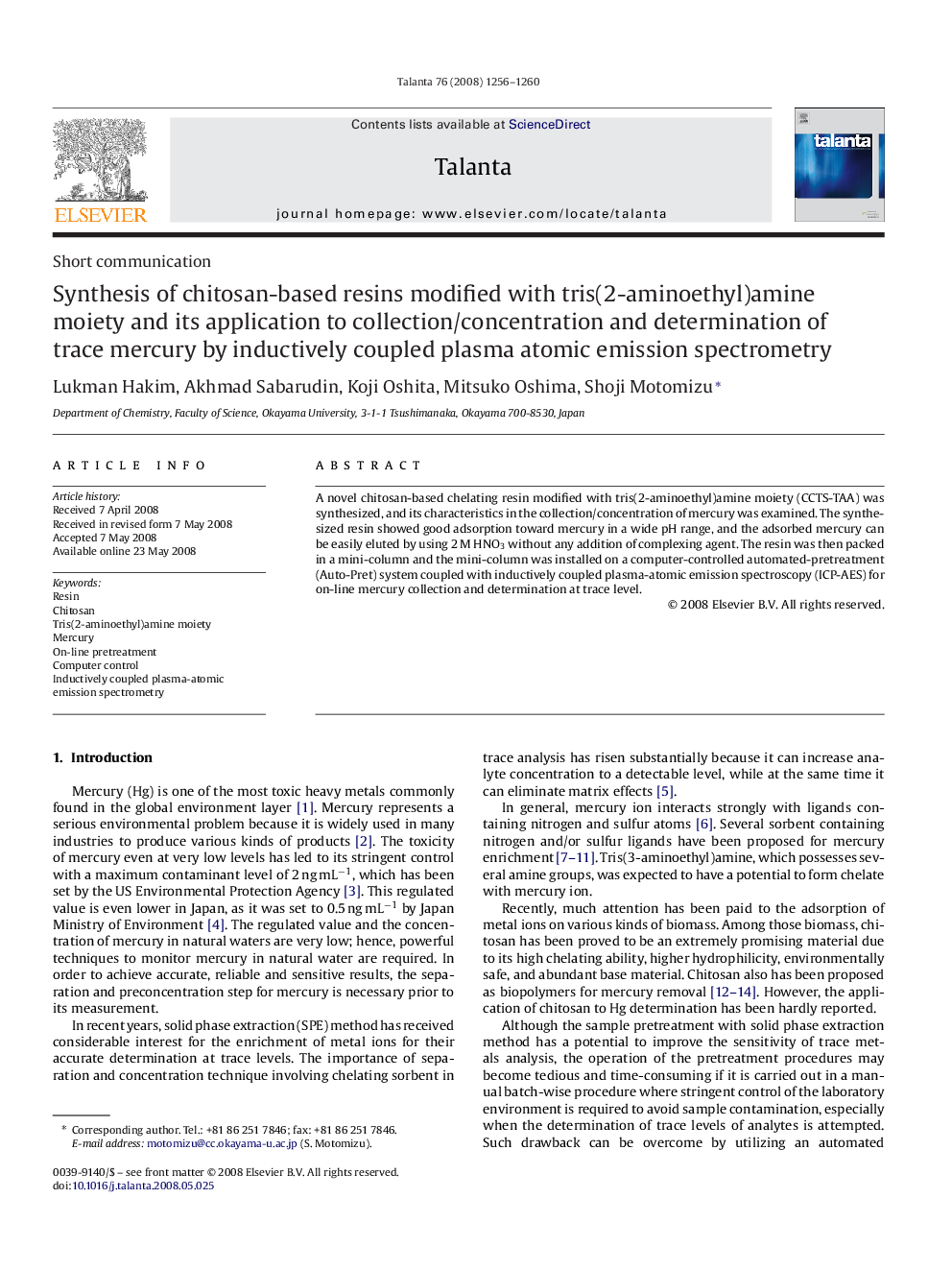 Synthesis of chitosan-based resins modified with tris(2-aminoethyl)amine moiety and its application to collection/concentration and determination of trace mercury by inductively coupled plasma atomic emission spectrometry