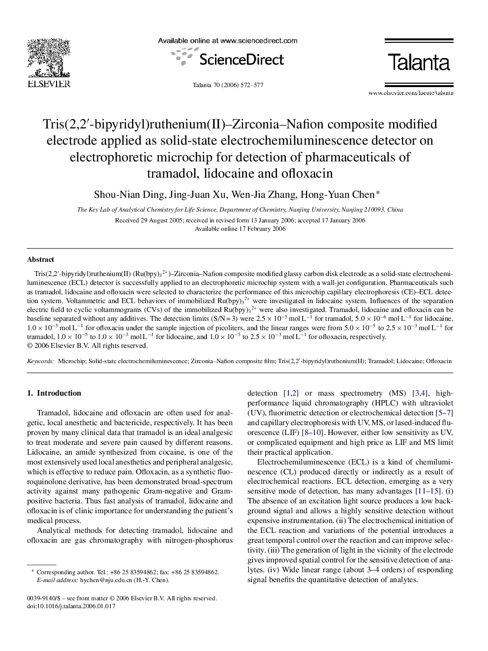 Tris(2,2′-bipyridyl)ruthenium(II)–Zirconia–Nafion composite modified electrode applied as solid-state electrochemiluminescence detector on electrophoretic microchip for detection of pharmaceuticals of tramadol, lidocaine and ofloxacin