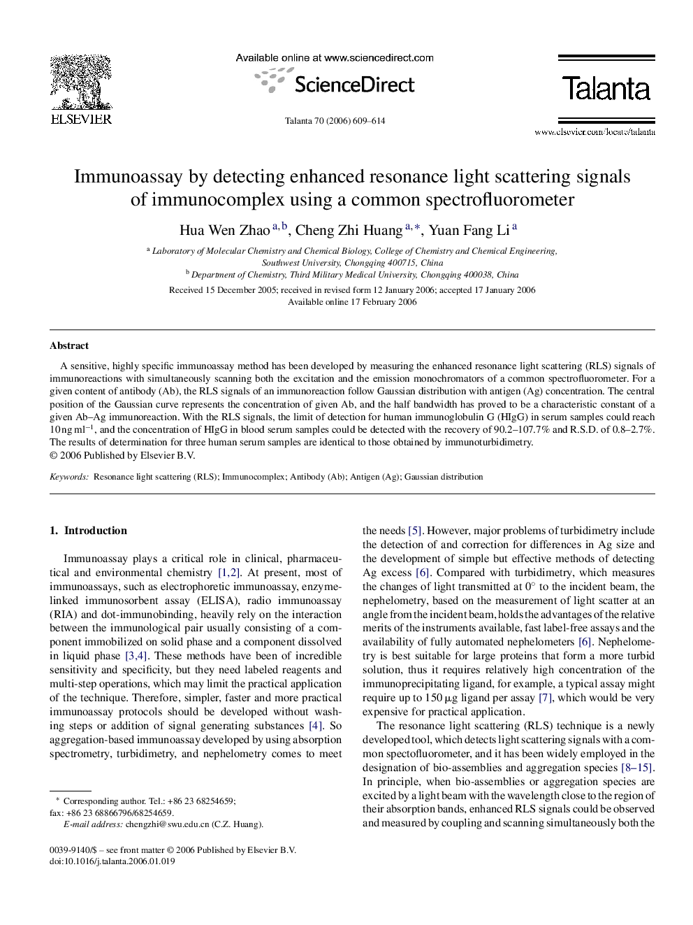 Immunoassay by detecting enhanced resonance light scattering signals of immunocomplex using a common spectrofluorometer