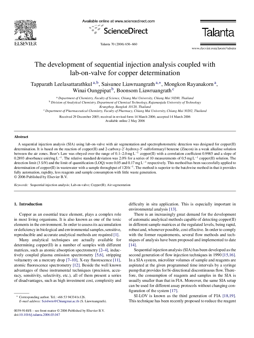 The development of sequential injection analysis coupled with lab-on-valve for copper determination