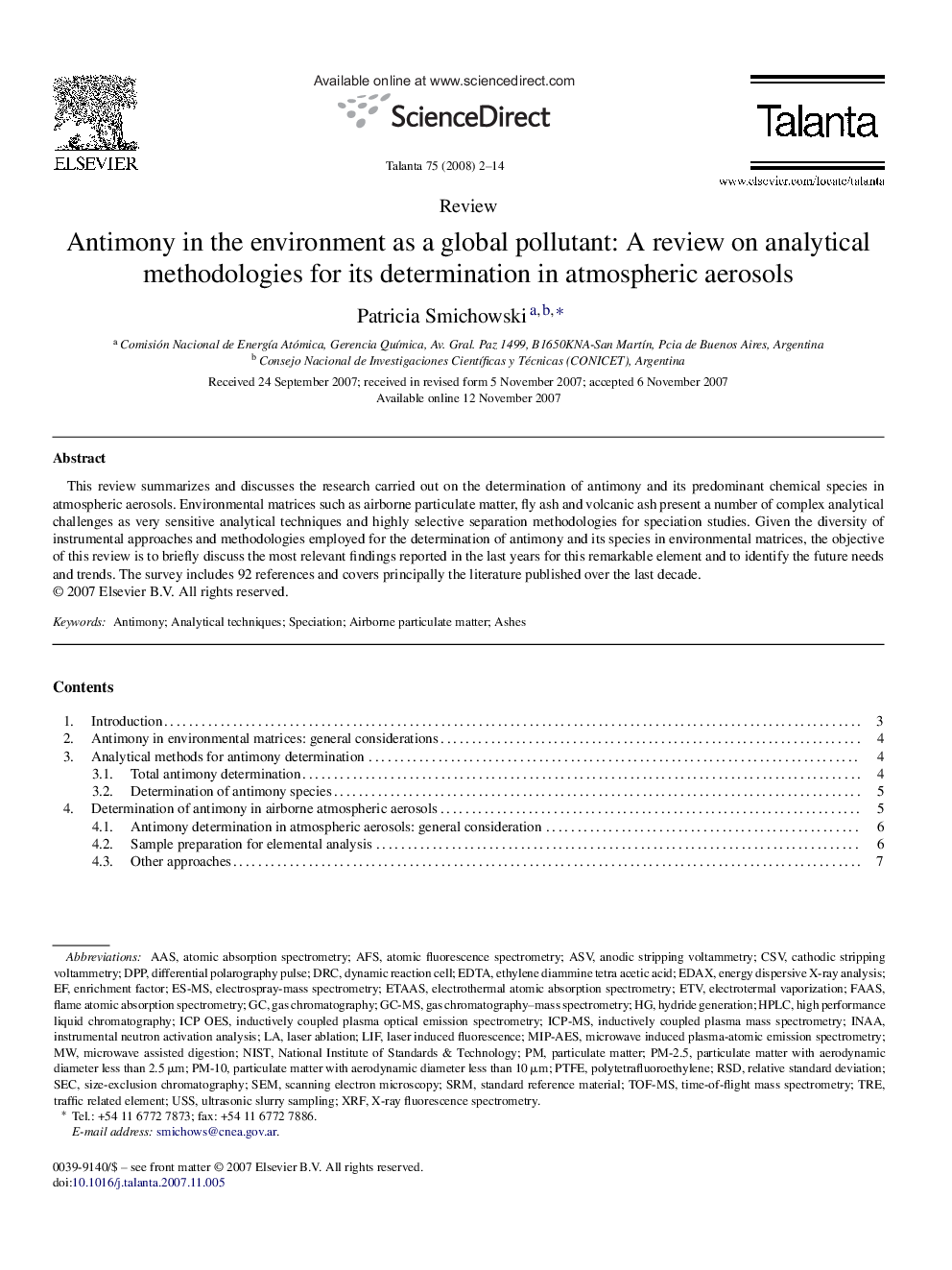 Antimony in the environment as a global pollutant: A review on analytical methodologies for its determination in atmospheric aerosols