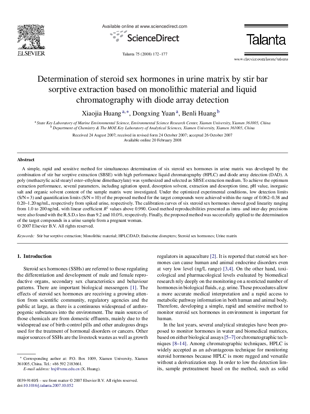 Determination of steroid sex hormones in urine matrix by stir bar sorptive extraction based on monolithic material and liquid chromatography with diode array detection