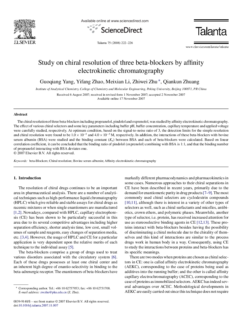 Study on chiral resolution of three beta-blockers by affinity electrokinetic chromatography