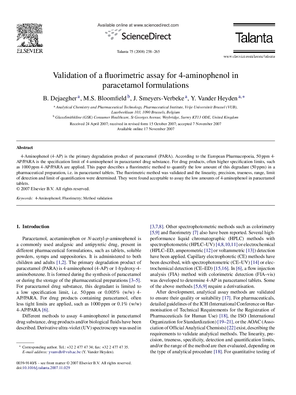 Validation of a fluorimetric assay for 4-aminophenol in paracetamol formulations