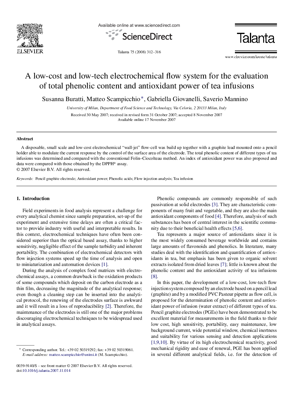 A low-cost and low-tech electrochemical flow system for the evaluation of total phenolic content and antioxidant power of tea infusions