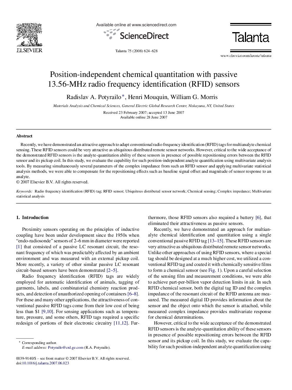 Position-independent chemical quantitation with passive 13.56-MHz radio frequency identification (RFID) sensors