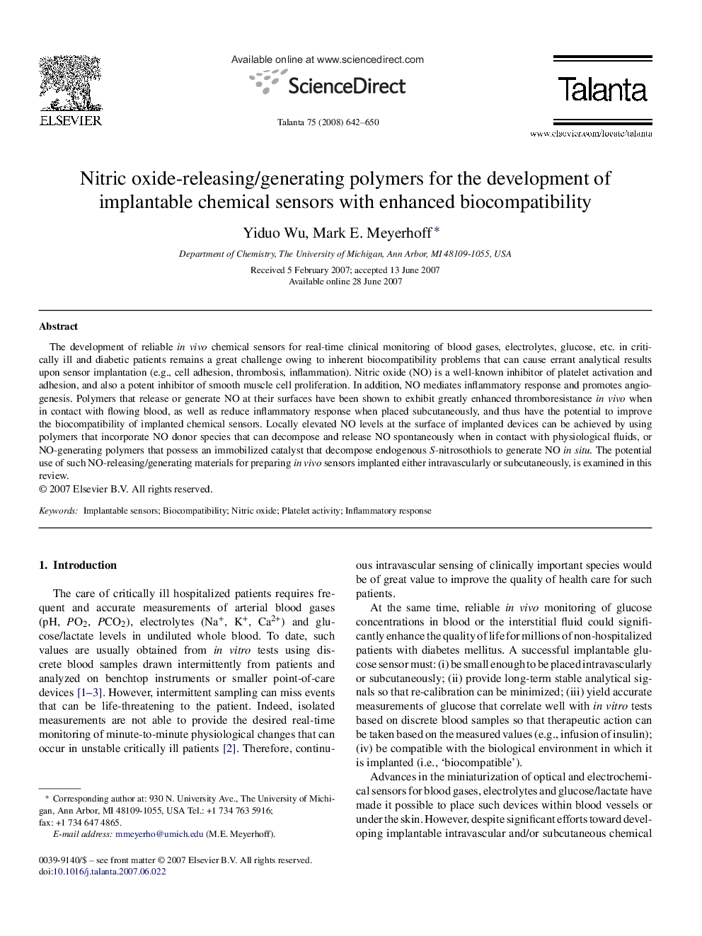 Nitric oxide-releasing/generating polymers for the development of implantable chemical sensors with enhanced biocompatibility