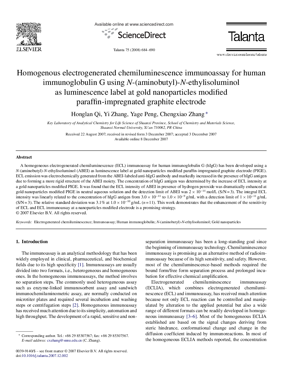 Homogenous electrogenerated chemiluminescence immunoassay for human immunoglobulin G using N-(aminobutyl)-N-ethylisoluminol as luminescence label at gold nanoparticles modified paraffin-impregnated graphite electrode