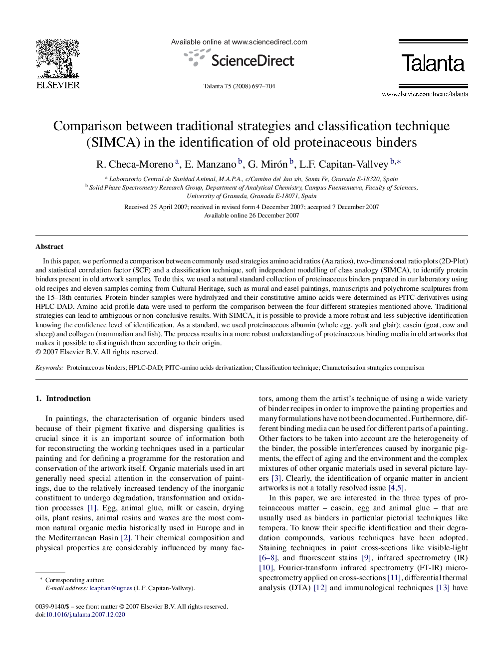 Comparison between traditional strategies and classification technique (SIMCA) in the identification of old proteinaceous binders