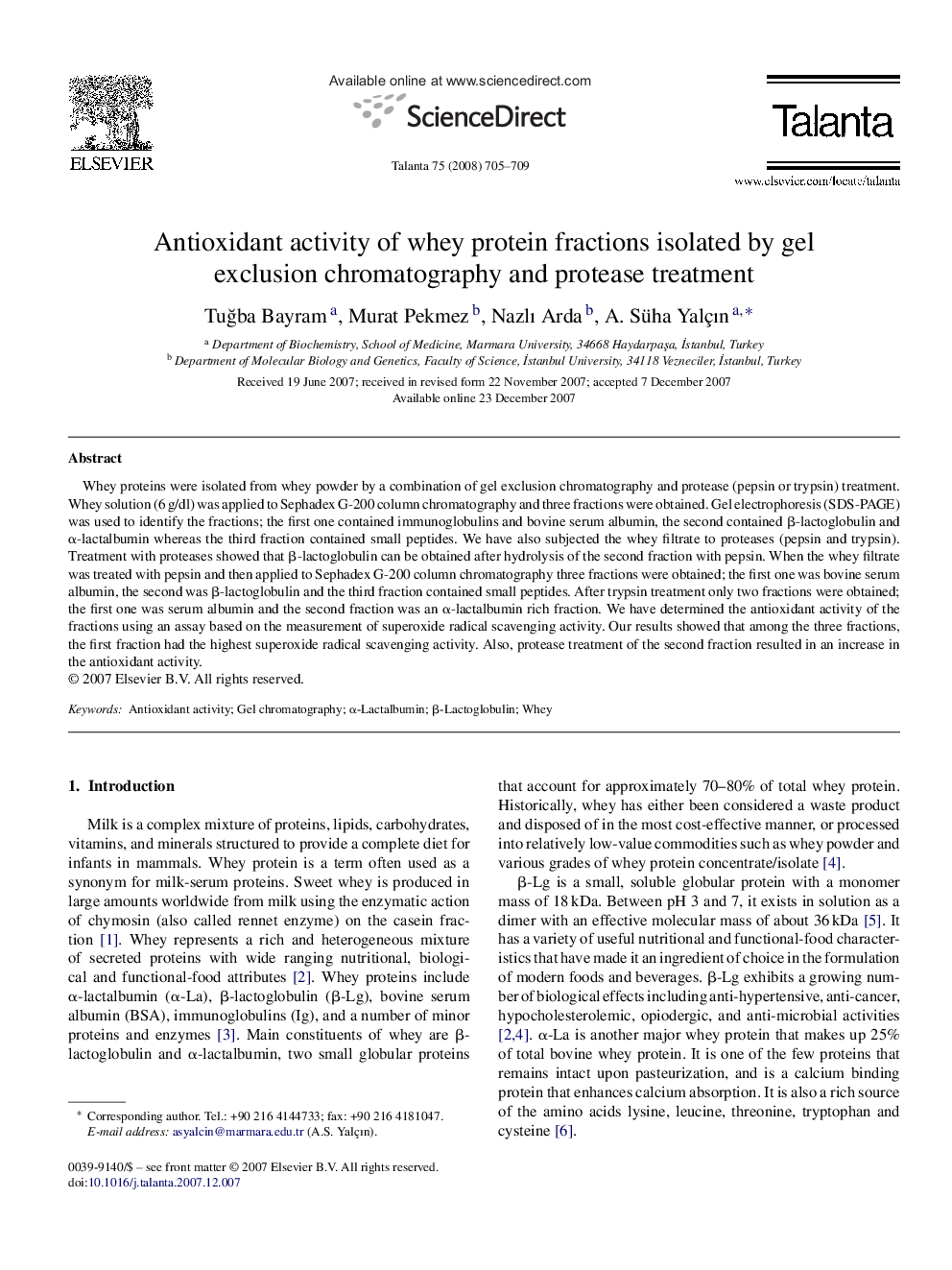 Antioxidant activity of whey protein fractions isolated by gel exclusion chromatography and protease treatment