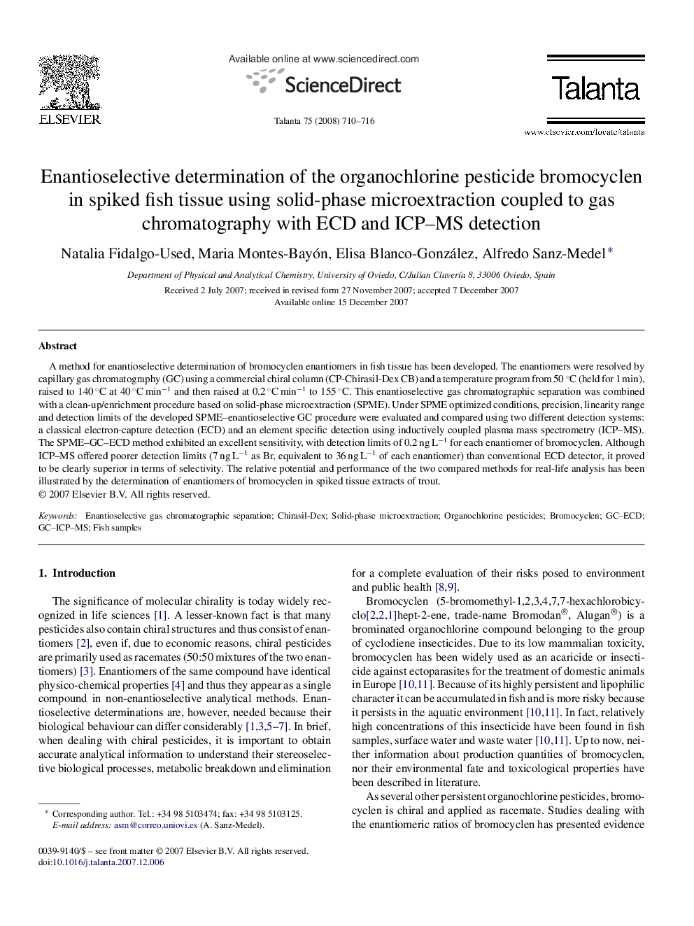 Enantioselective determination of the organochlorine pesticide bromocyclen in spiked fish tissue using solid-phase microextraction coupled to gas chromatography with ECD and ICP–MS detection