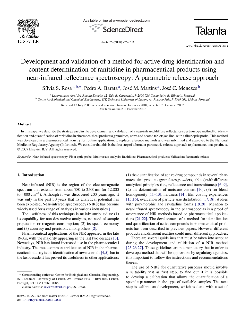 Development and validation of a method for active drug identification and content determination of ranitidine in pharmaceutical products using near-infrared reflectance spectroscopy: A parametric release approach