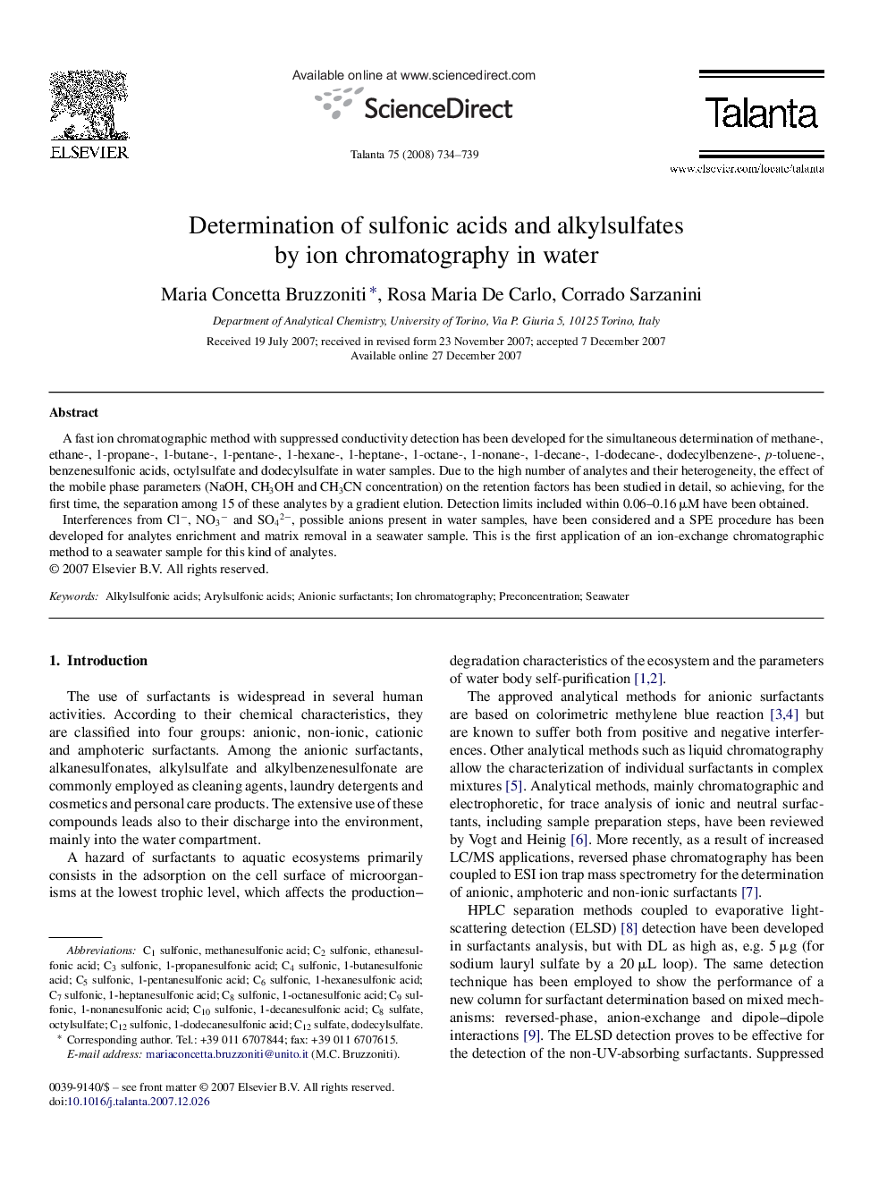 Determination of sulfonic acids and alkylsulfates by ion chromatography in water