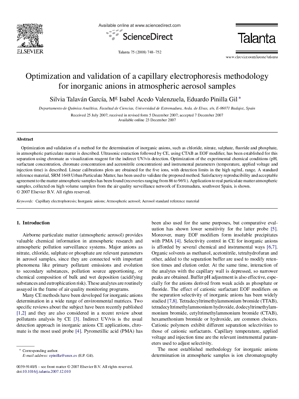 Optimization and validation of a capillary electrophoresis methodology for inorganic anions in atmospheric aerosol samples