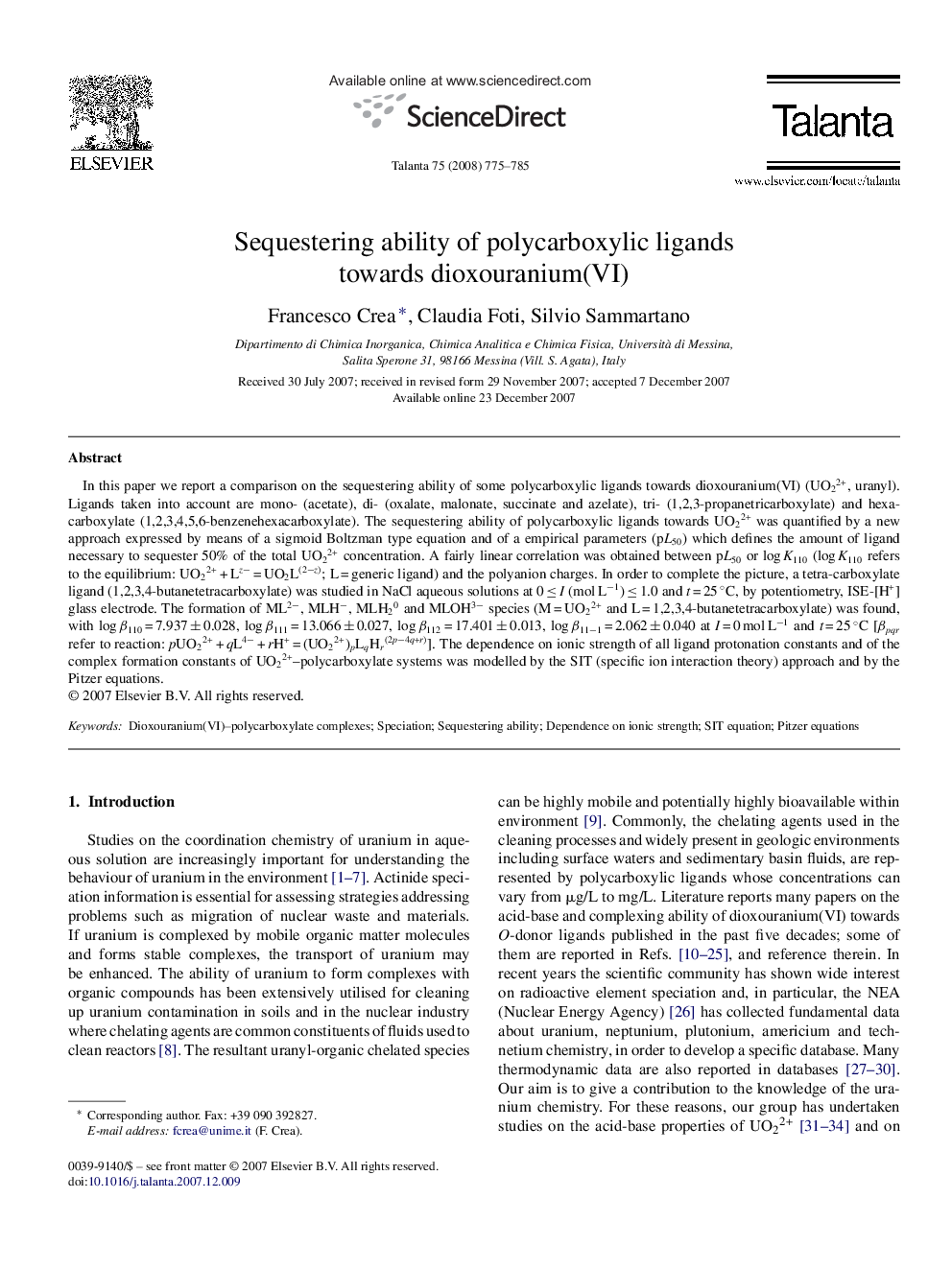 Sequestering ability of polycarboxylic ligands towards dioxouranium(VI)