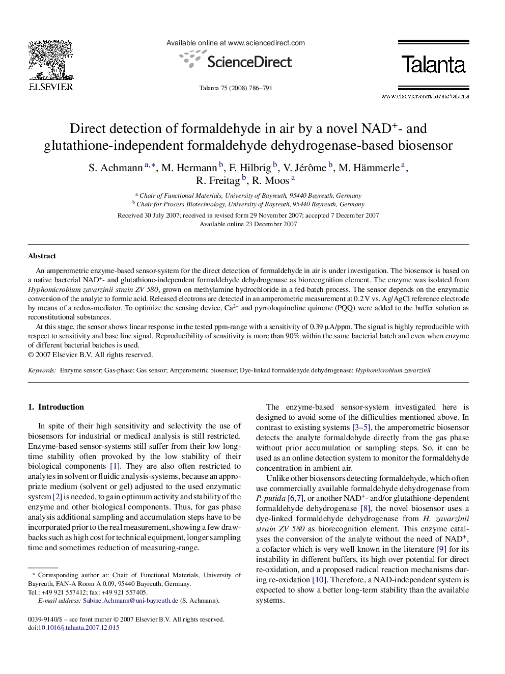 Direct detection of formaldehyde in air by a novel NAD+- and glutathione-independent formaldehyde dehydrogenase-based biosensor