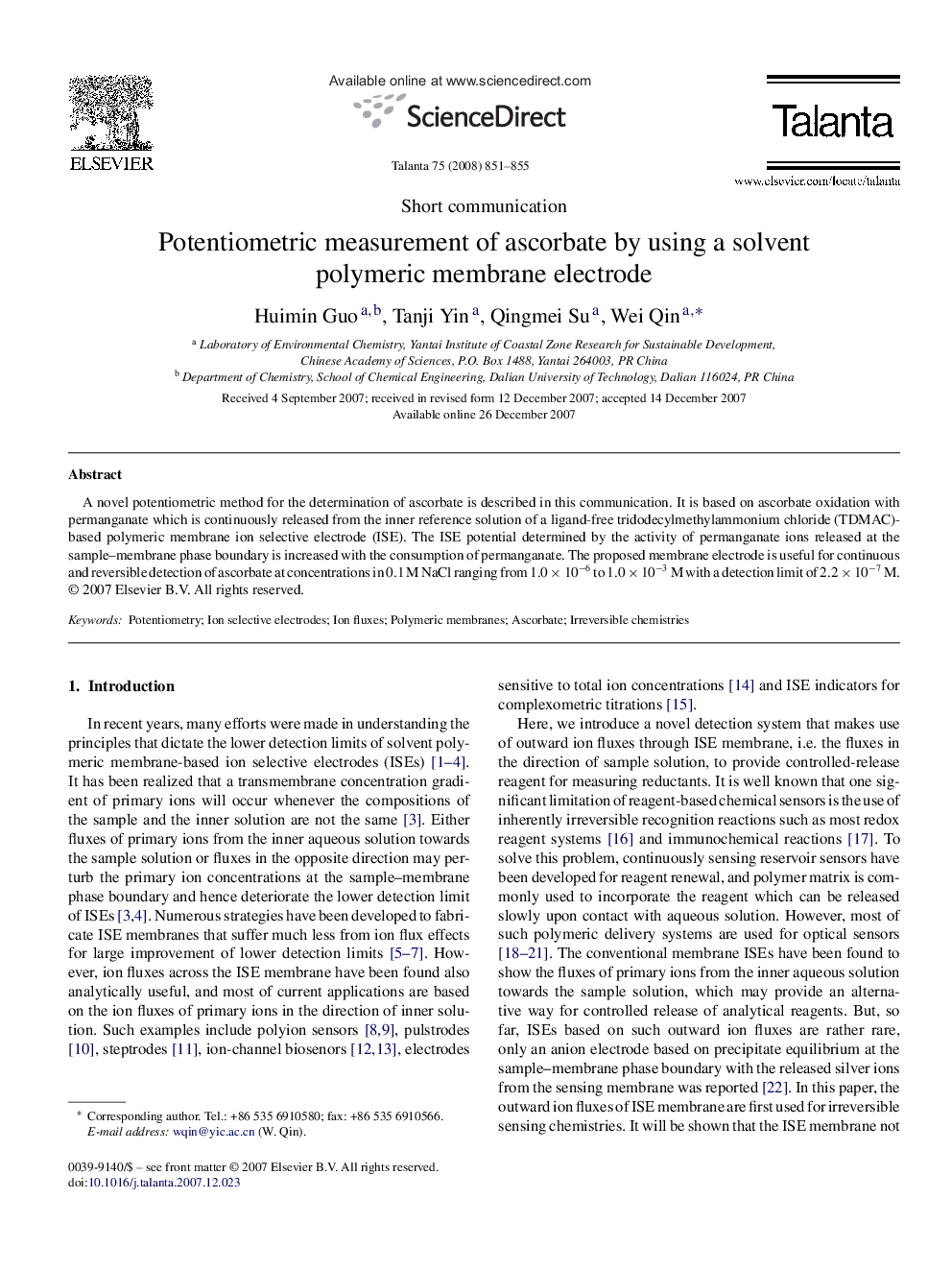 Potentiometric measurement of ascorbate by using a solvent polymeric membrane electrode