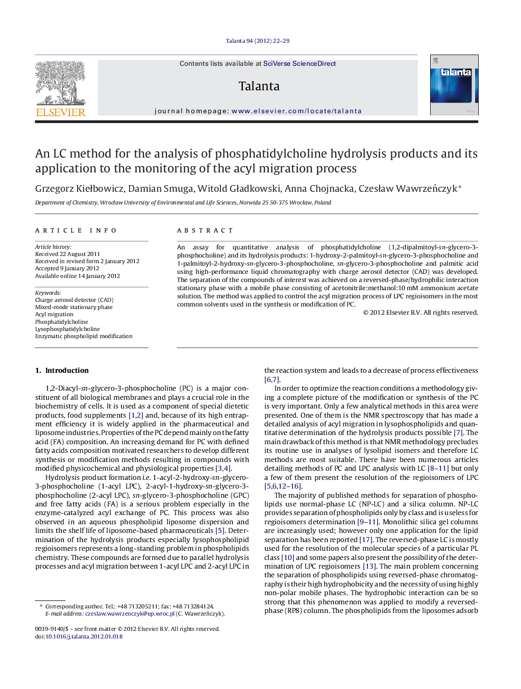 An LC method for the analysis of phosphatidylcholine hydrolysis products and its application to the monitoring of the acyl migration process