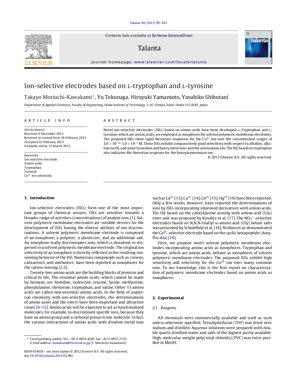 Ion-selective electrodes based on l-tryptophan and l-tyrosine