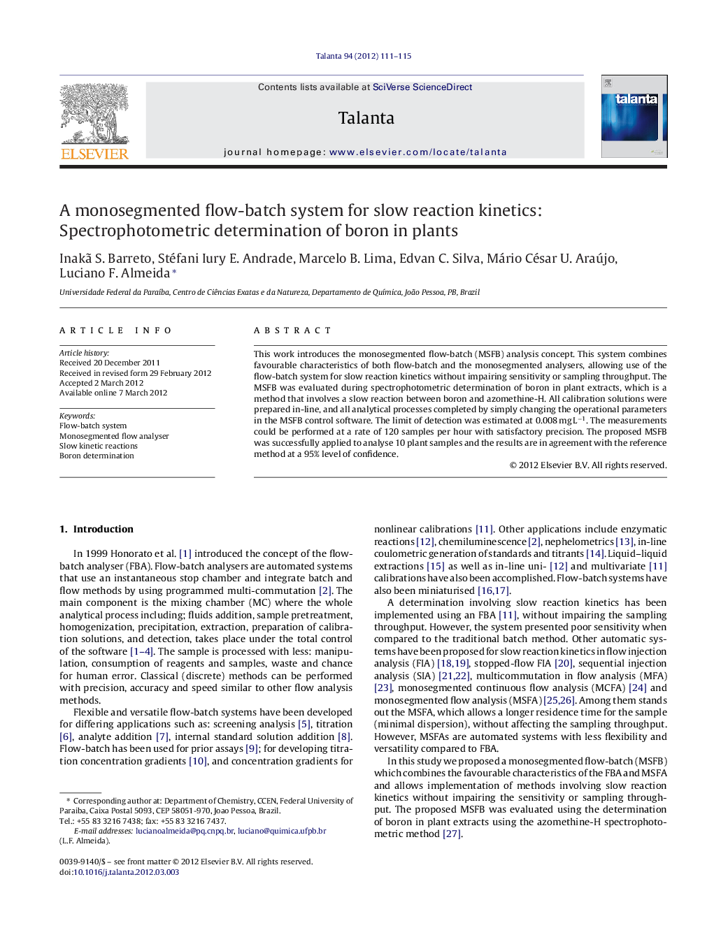 A monosegmented flow-batch system for slow reaction kinetics: Spectrophotometric determination of boron in plants