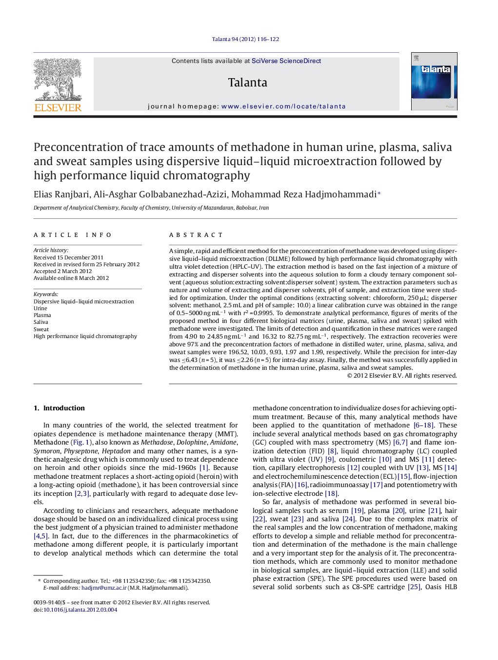 Preconcentration of trace amounts of methadone in human urine, plasma, saliva and sweat samples using dispersive liquid–liquid microextraction followed by high performance liquid chromatography