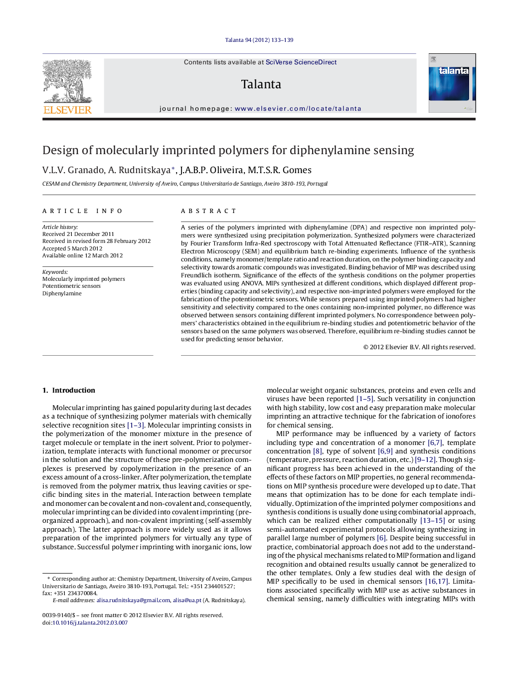 Design of molecularly imprinted polymers for diphenylamine sensing