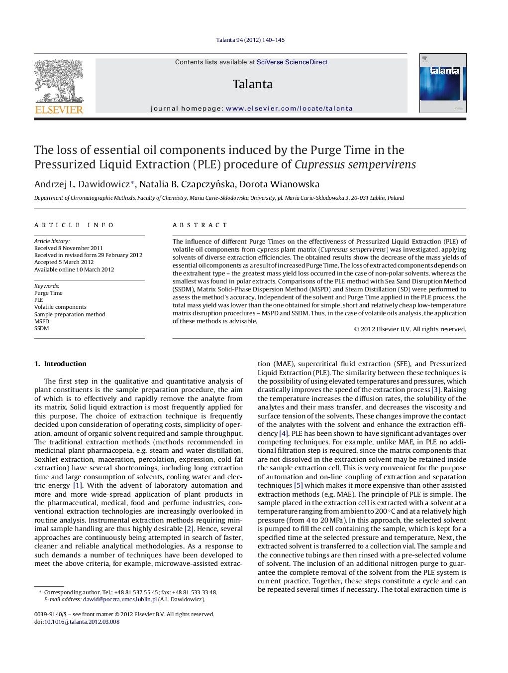 The loss of essential oil components induced by the Purge Time in the Pressurized Liquid Extraction (PLE) procedure of Cupressus sempervirens