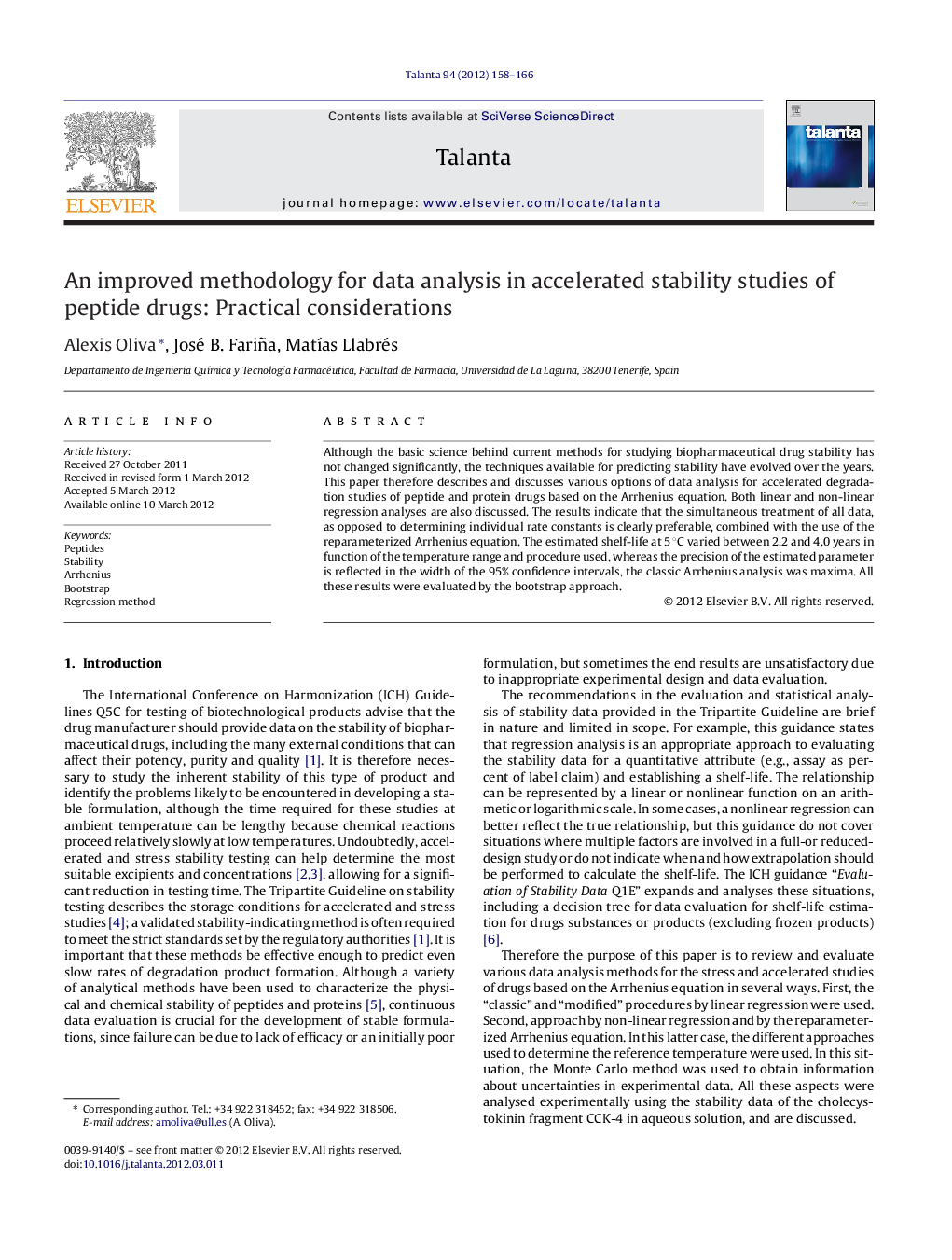 An improved methodology for data analysis in accelerated stability studies of peptide drugs: Practical considerations