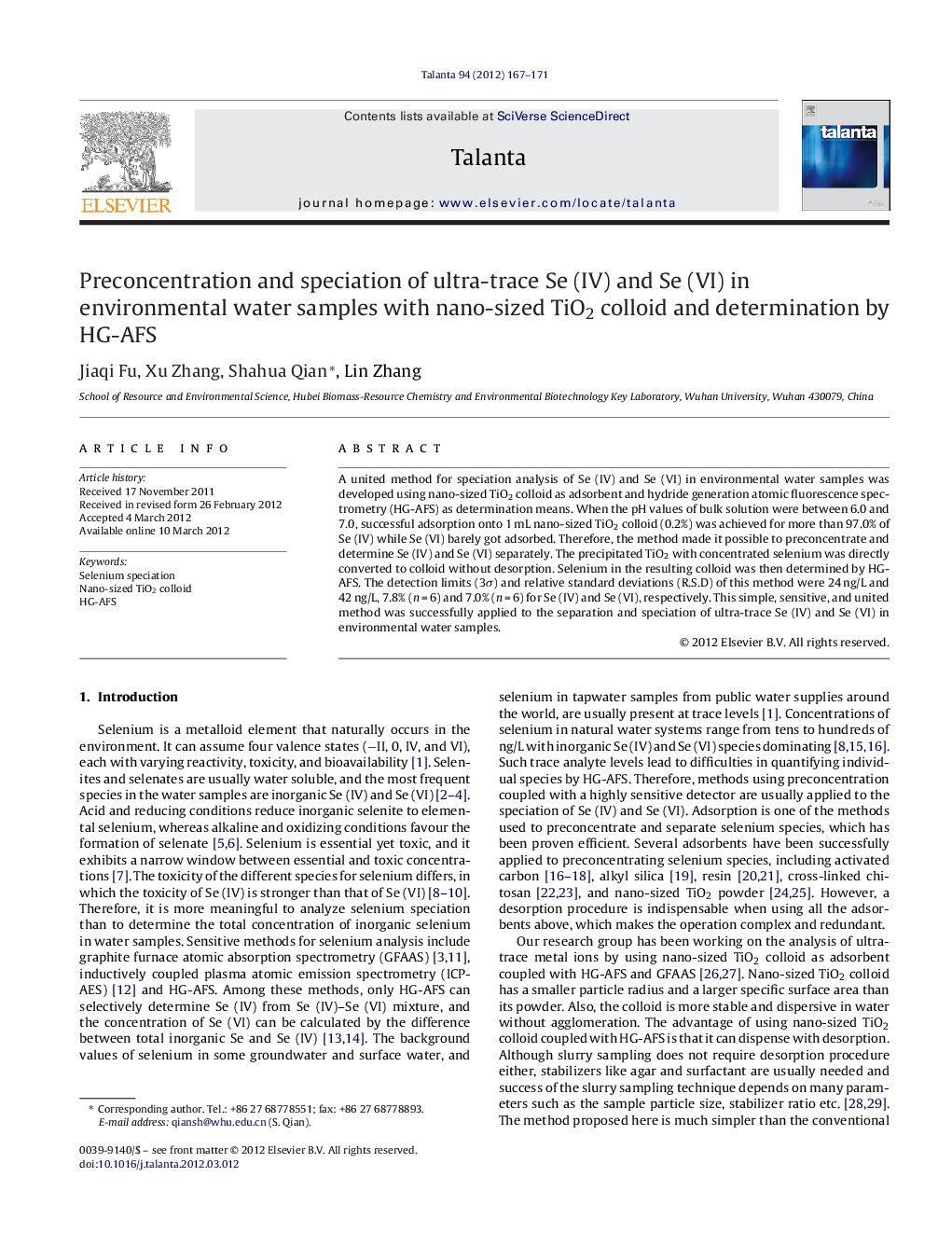 Preconcentration and speciation of ultra-trace Se (IV) and Se (VI) in environmental water samples with nano-sized TiO2 colloid and determination by HG-AFS