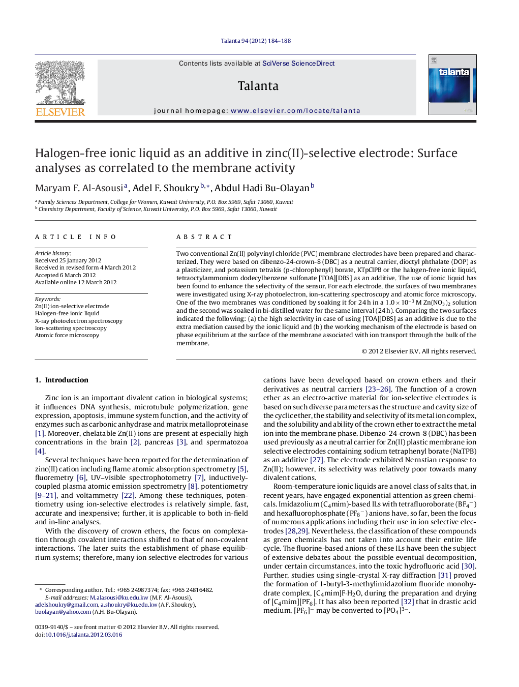 Halogen-free ionic liquid as an additive in zinc(II)-selective electrode: Surface analyses as correlated to the membrane activity