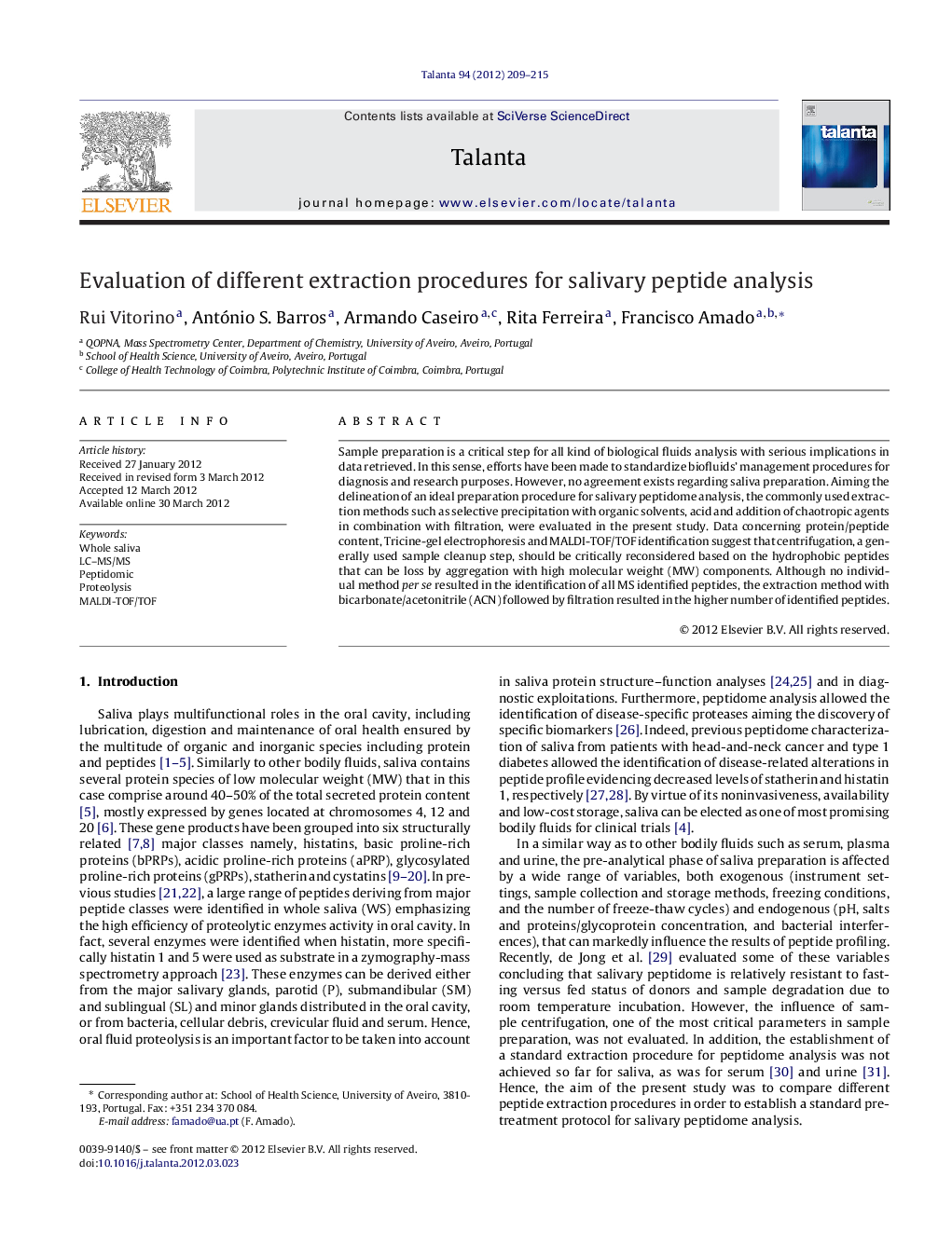 Evaluation of different extraction procedures for salivary peptide analysis