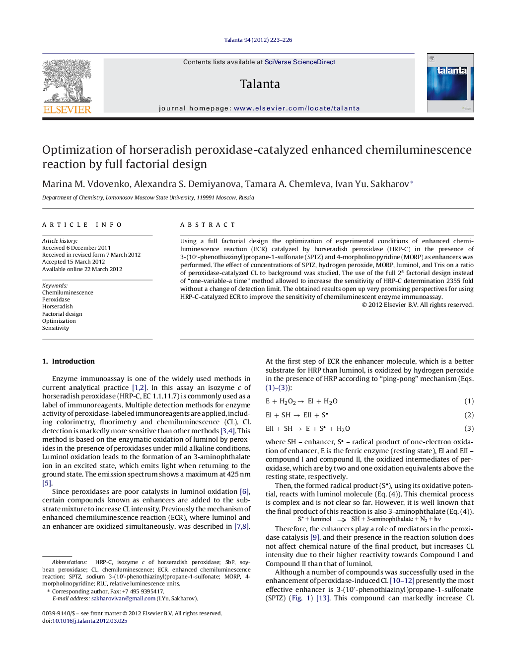 Optimization of horseradish peroxidase-catalyzed enhanced chemiluminescence reaction by full factorial design