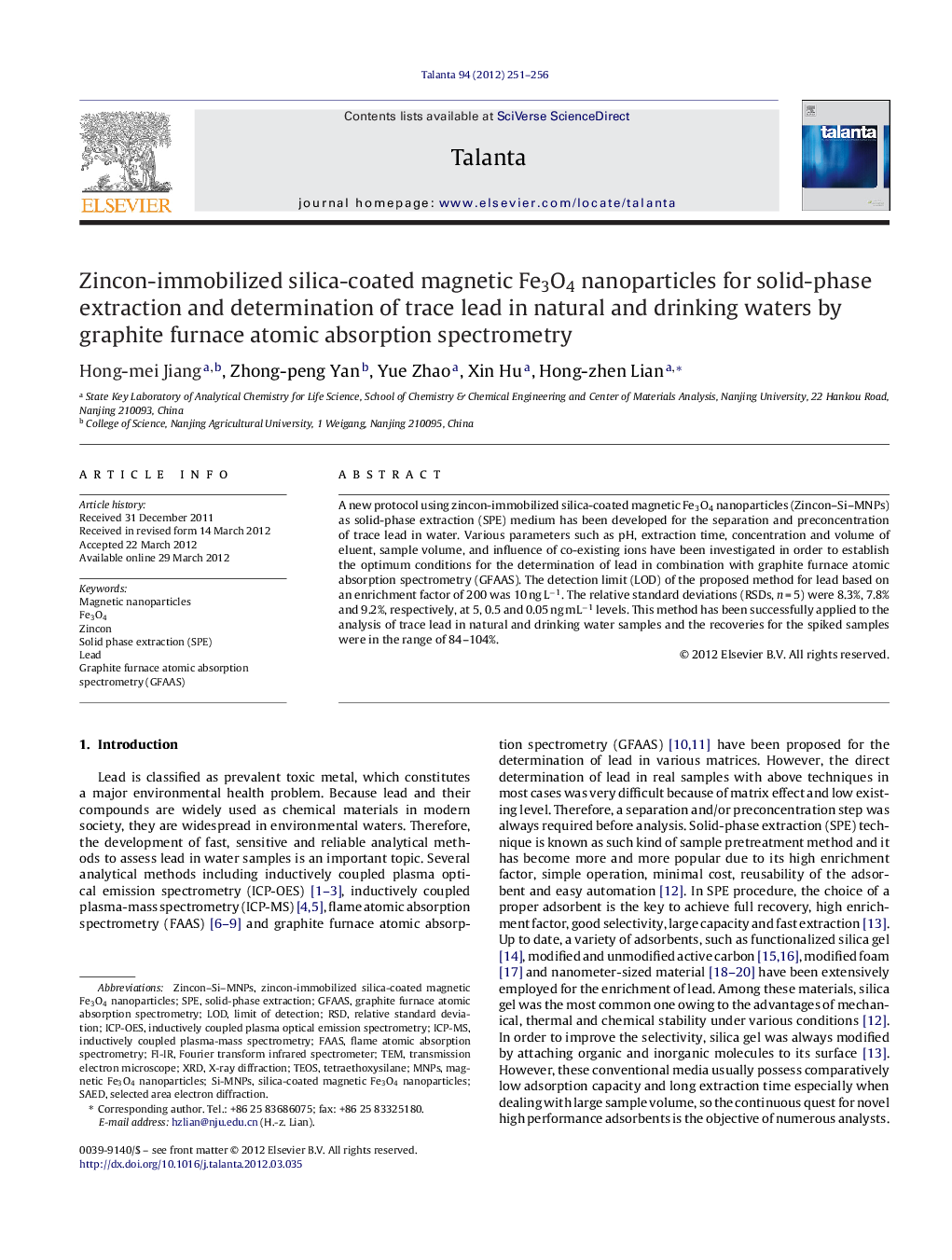 Zincon-immobilized silica-coated magnetic Fe3O4 nanoparticles for solid-phase extraction and determination of trace lead in natural and drinking waters by graphite furnace atomic absorption spectrometry