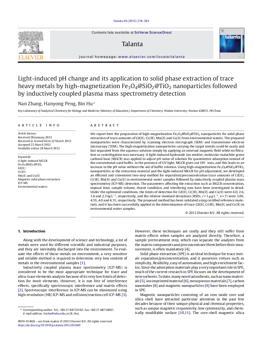 Light-induced pH change and its application to solid phase extraction of trace heavy metals by high-magnetization Fe3O4@SiO2@TiO2 nanoparticles followed by inductively coupled plasma mass spectrometry detection