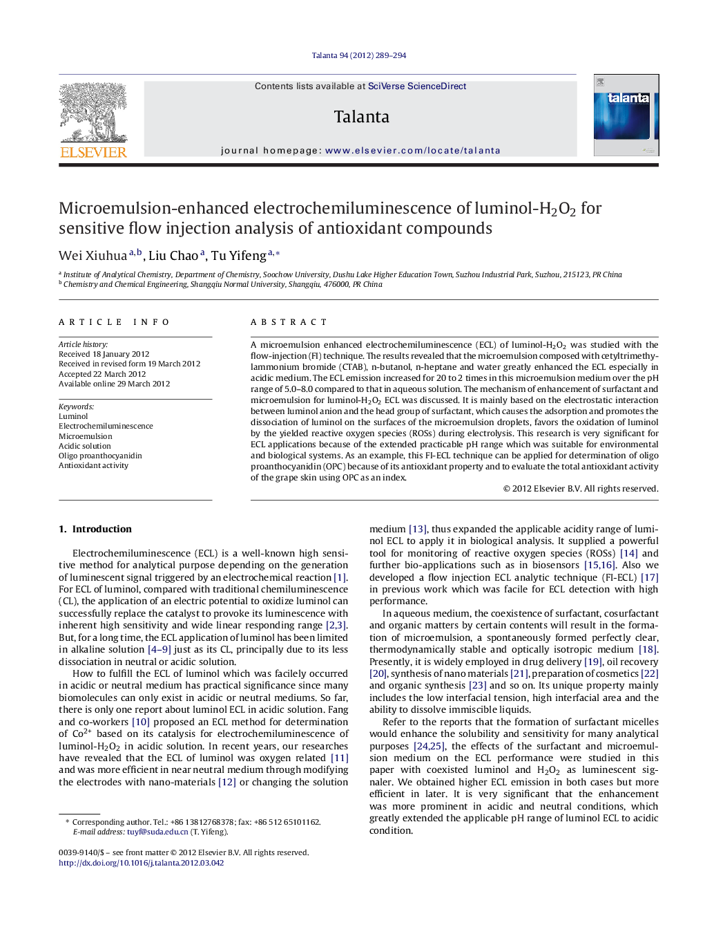 Microemulsion-enhanced electrochemiluminescence of luminol-H2O2 for sensitive flow injection analysis of antioxidant compounds