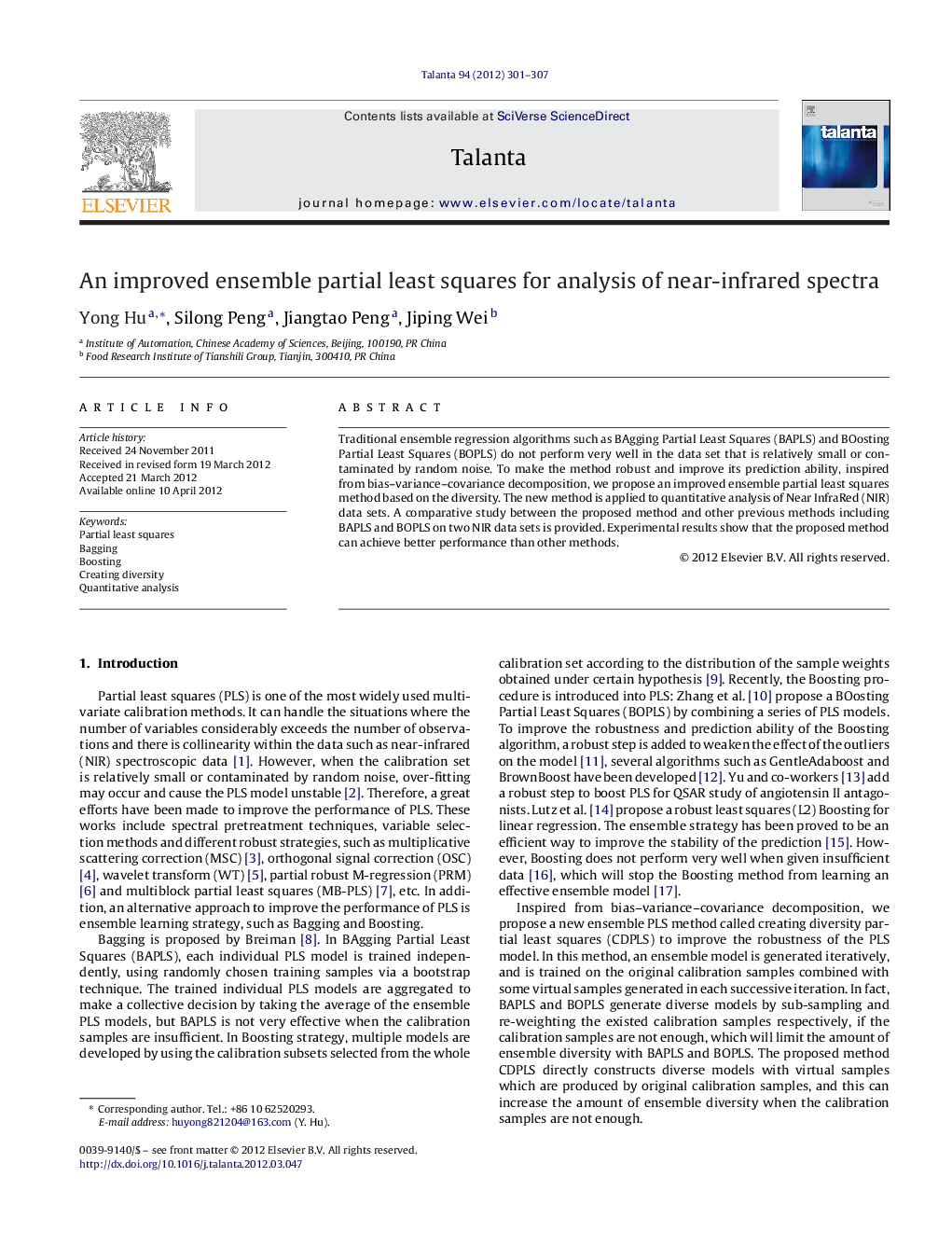 An improved ensemble partial least squares for analysis of near-infrared spectra