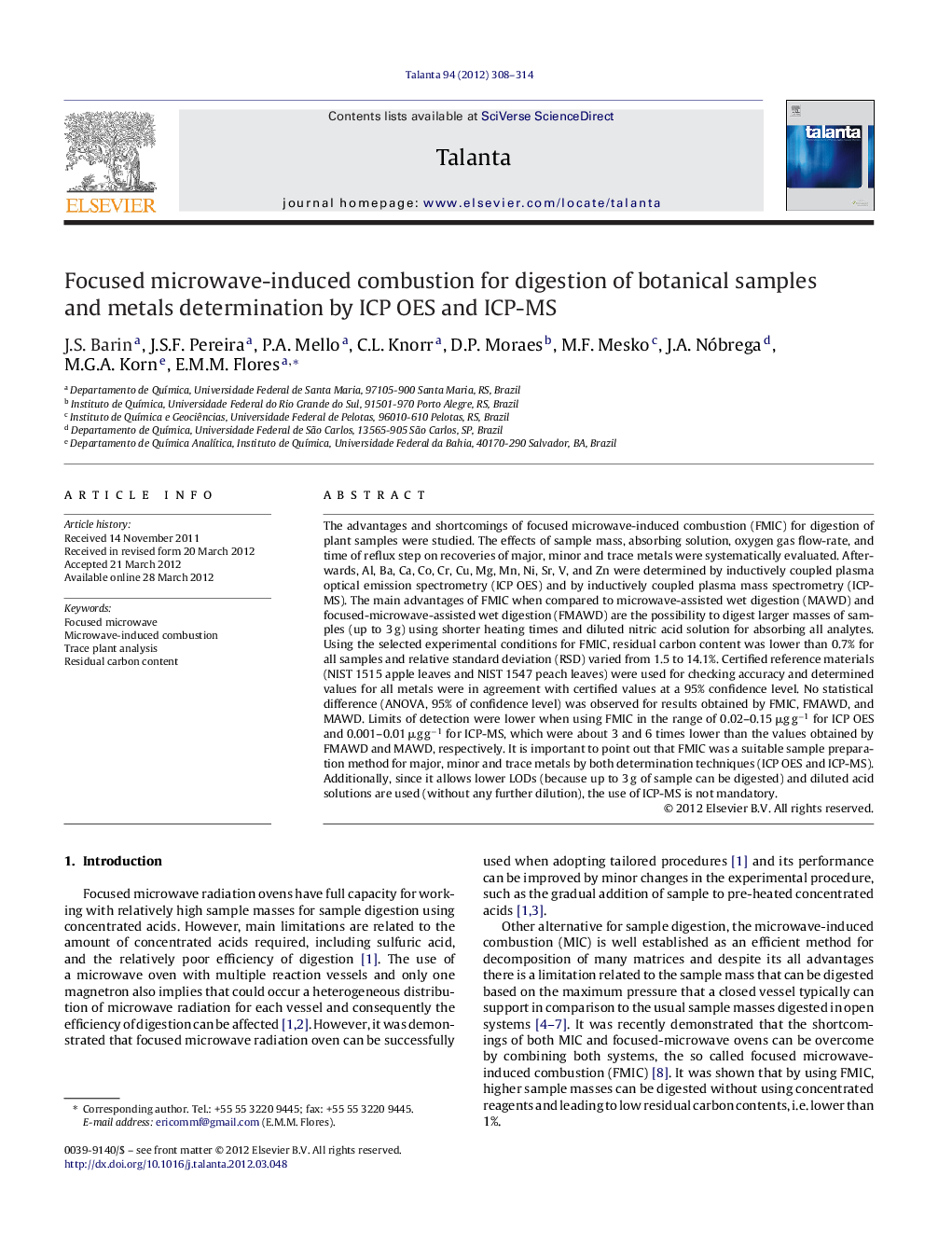 Focused microwave-induced combustion for digestion of botanical samples and metals determination by ICP OES and ICP-MS