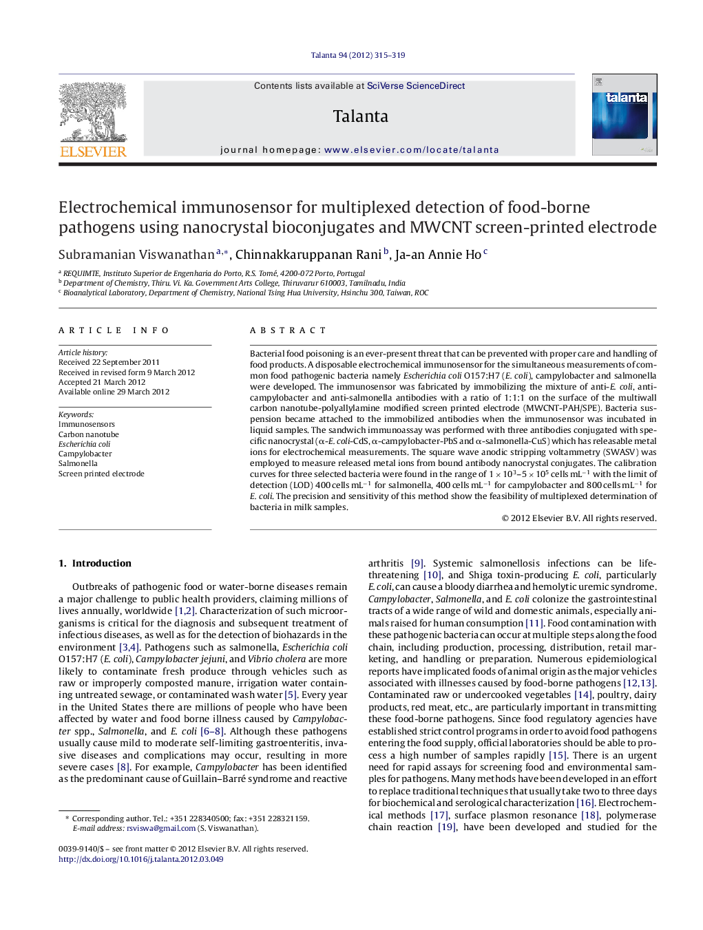 Electrochemical immunosensor for multiplexed detection of food-borne pathogens using nanocrystal bioconjugates and MWCNT screen-printed electrode